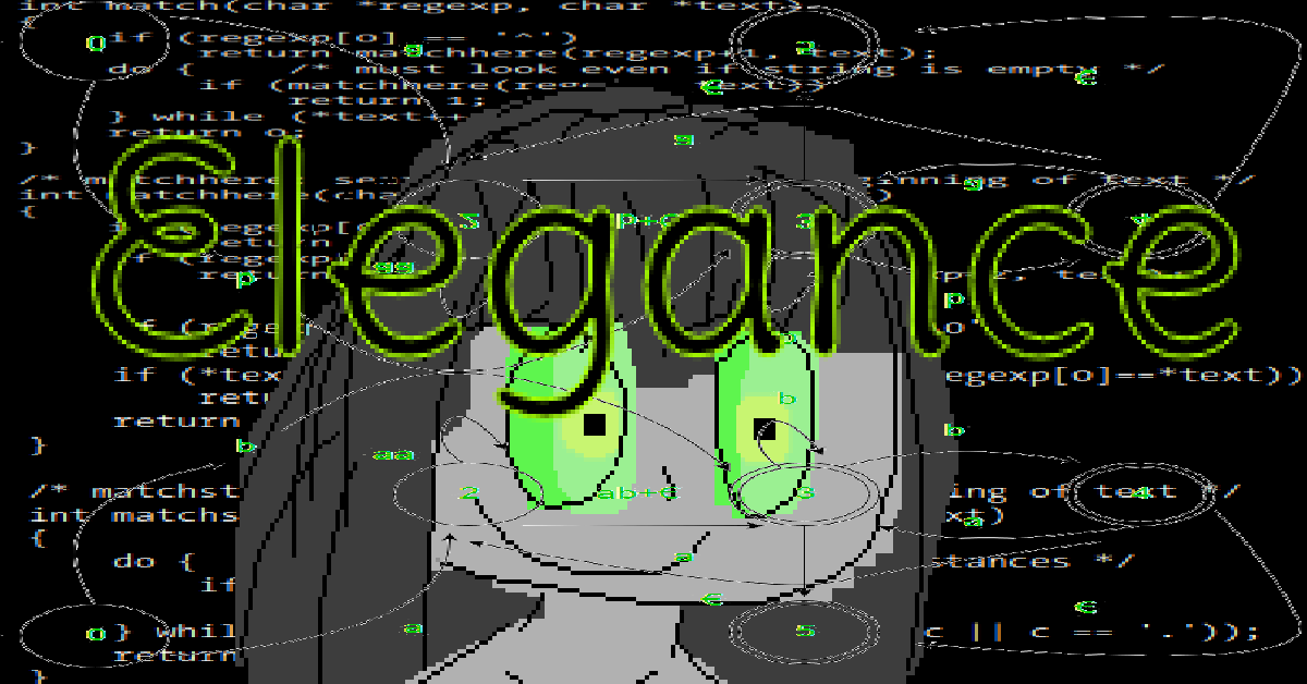 Thumbnail for this blog post. It shows a girl, the 50-line regex code discussed in this blog post, and a finite automata overlayed on top of each other. It is hard to look at.